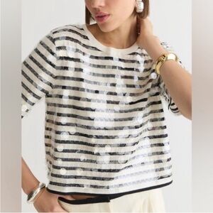 J.Crew Women’s Broken In Jersey Striped Sequin Tee Top Black White Size Small